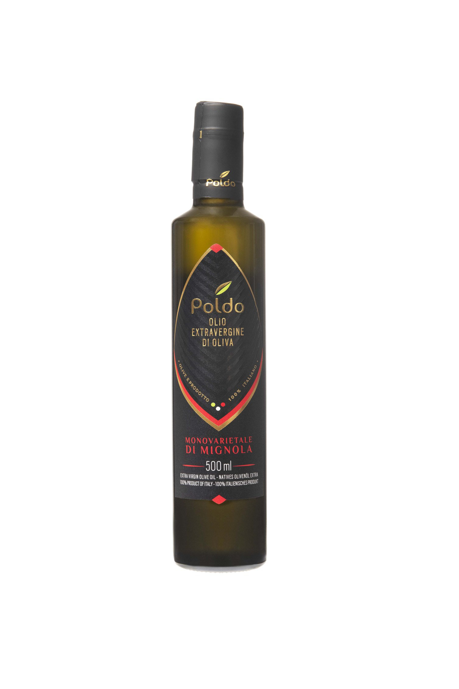A bottle of Poldo Mignola olive oil