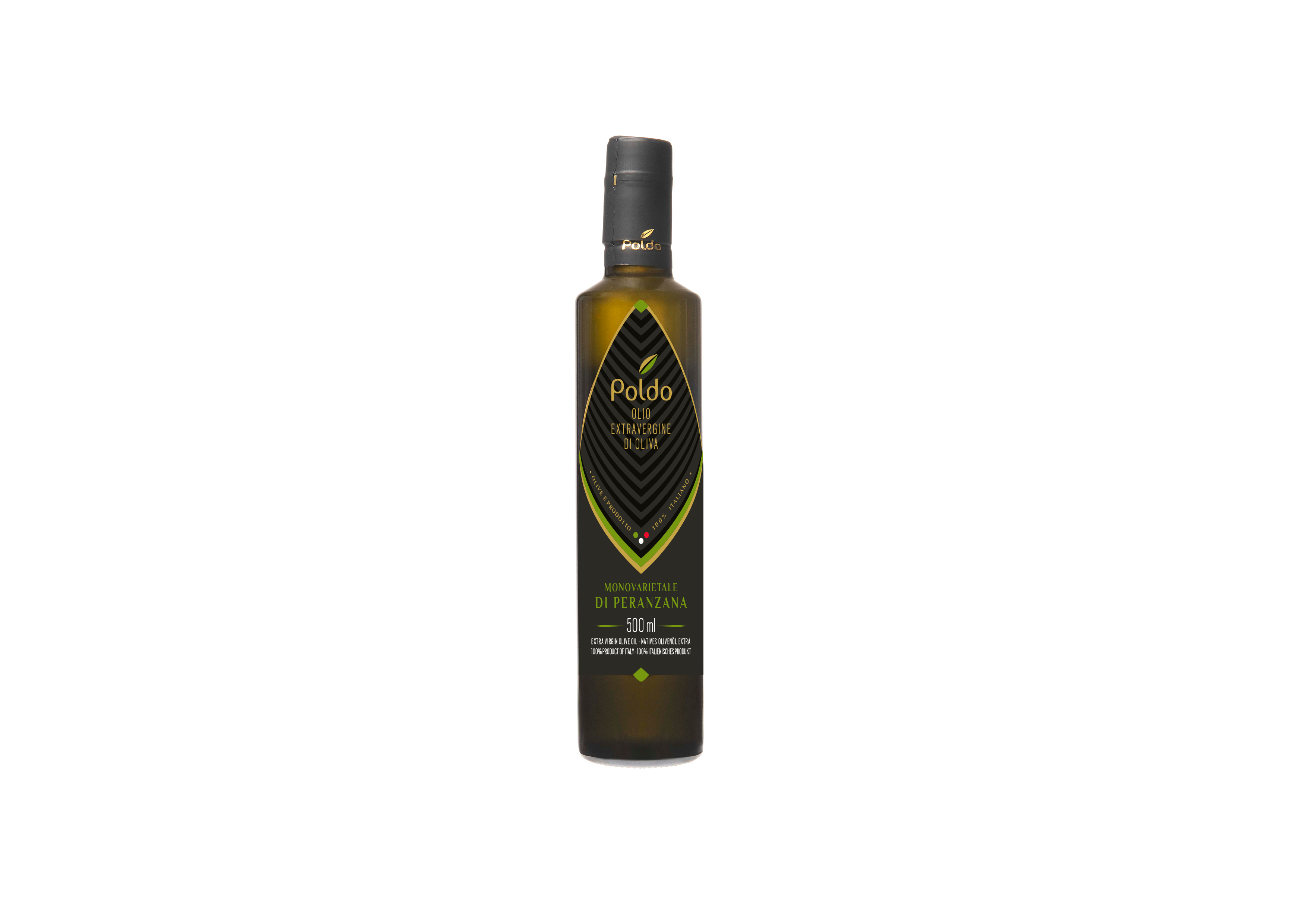 A bottle of Poldo Peranzana olive oil