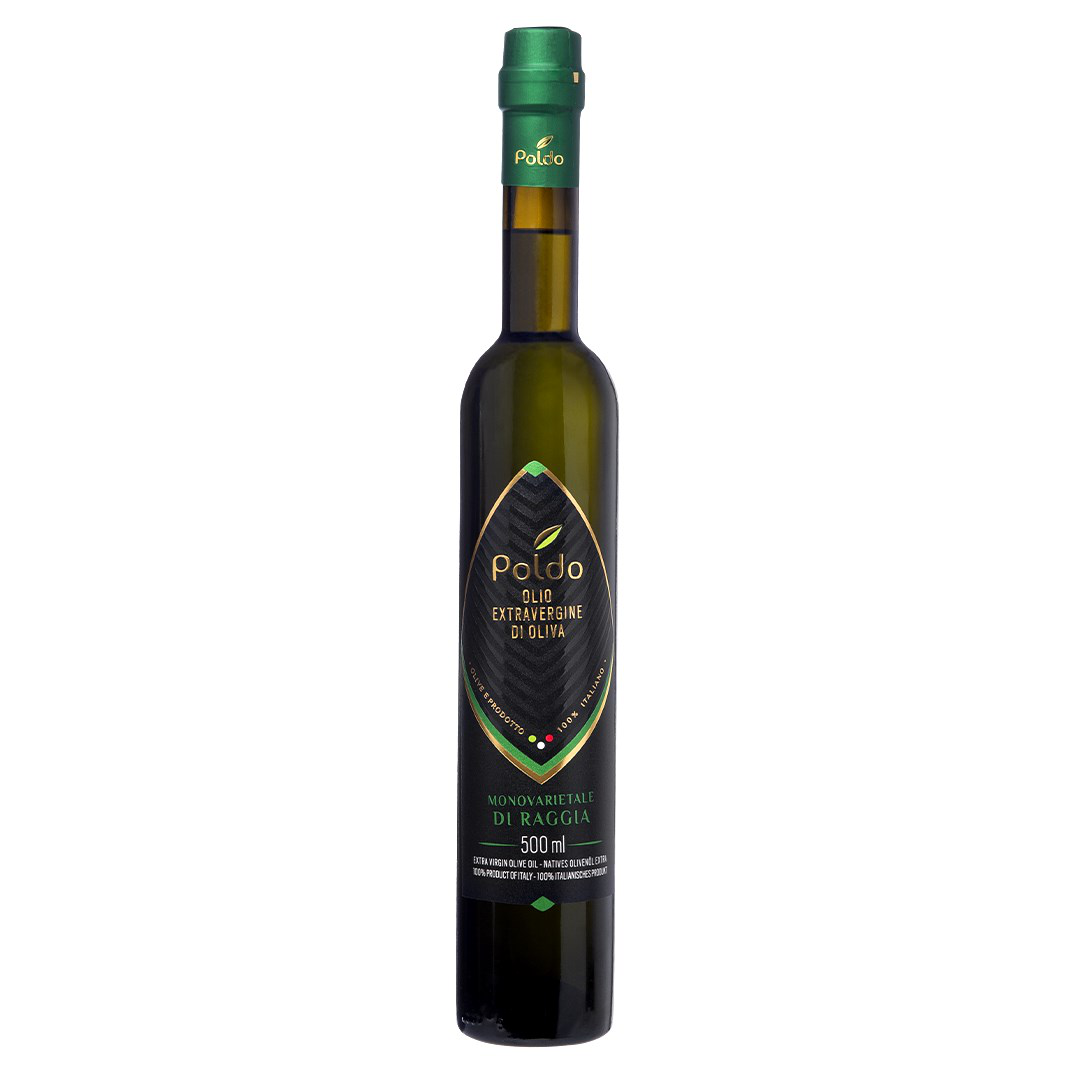 A bottle of Poldo Raggia olive oil